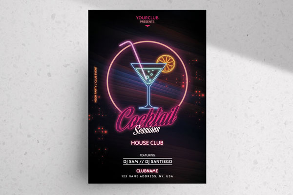 Modern Neon Cocktail Party Flyer Template FREE PSD