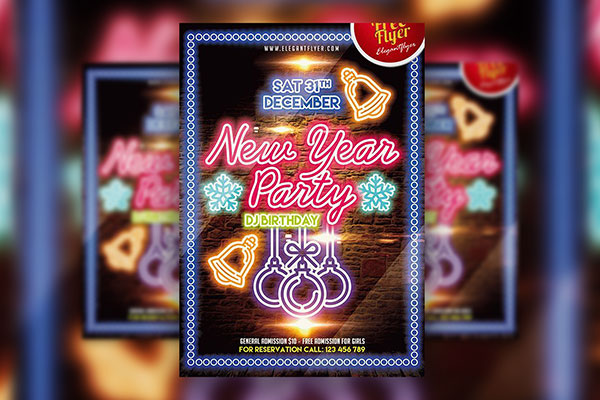 Neon Border New Year Party Flyer Template and Facebook Cover FREE PSD