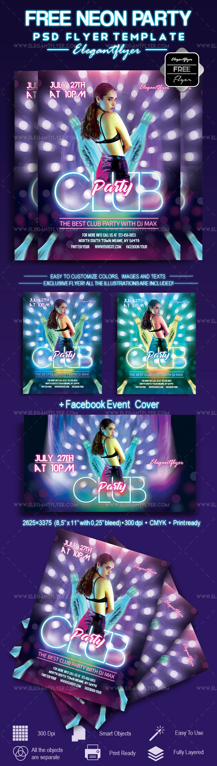 Neon Sparkly Modern Club Party Flyer Template FREE PSD
