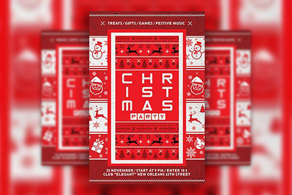 Red, Border, Thematic, Illustrated Christmas Party Poster Template FREE PSD