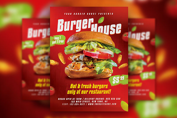 Red, Modern, 3D Burger House Flyer Template FREE PSD