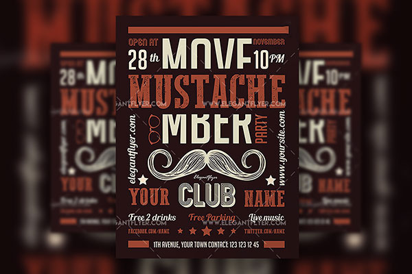 Simple Illustrated Bold Mustache Party Flyer Template and Facebook Cover FREE PSD