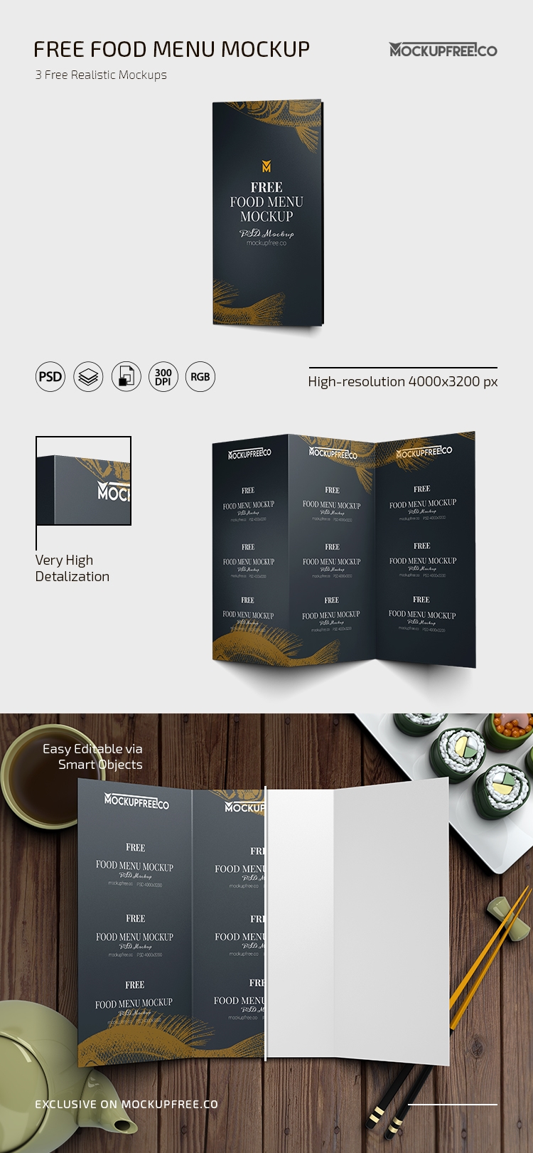 3 Food Menu Mockups in Different Shots FREE PSD