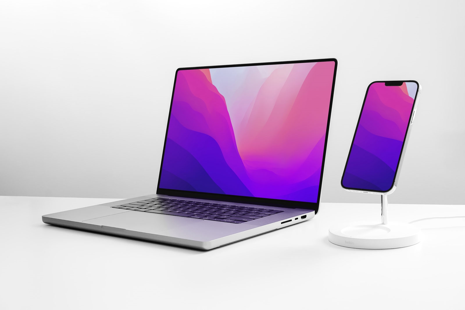 Apple MacBook Pro 16 and iPhone 13 Pro Max Mockup in Perspective View