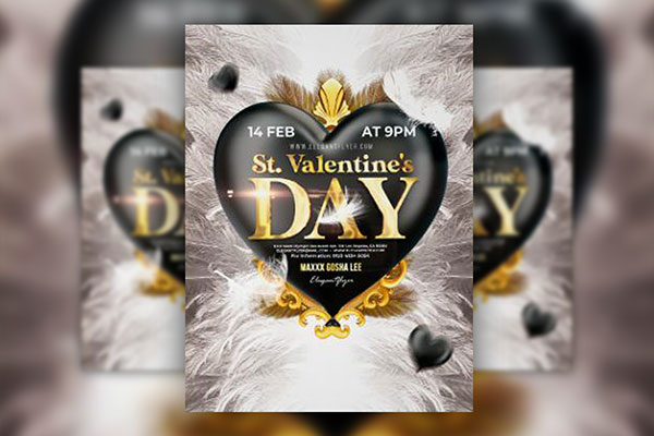 Black, Golden, Feathery Valentine's Day Party Flyer Template FREE PSD