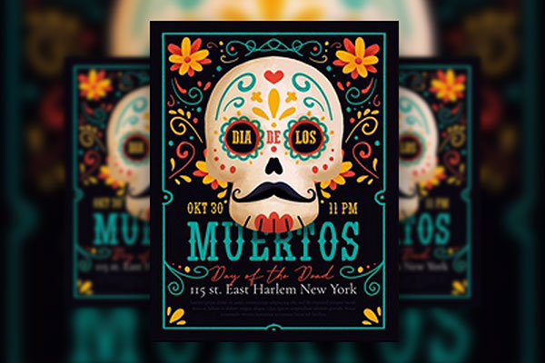 Border Illustrated Dia De Los Muertos Flyer and Facebook Cover Templates FREE PSD