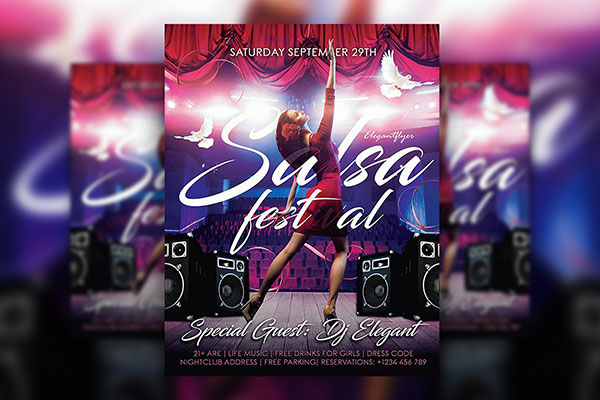 Bright Stage Salsa Festival Flyer and Facebook Cover Template FREE PSD