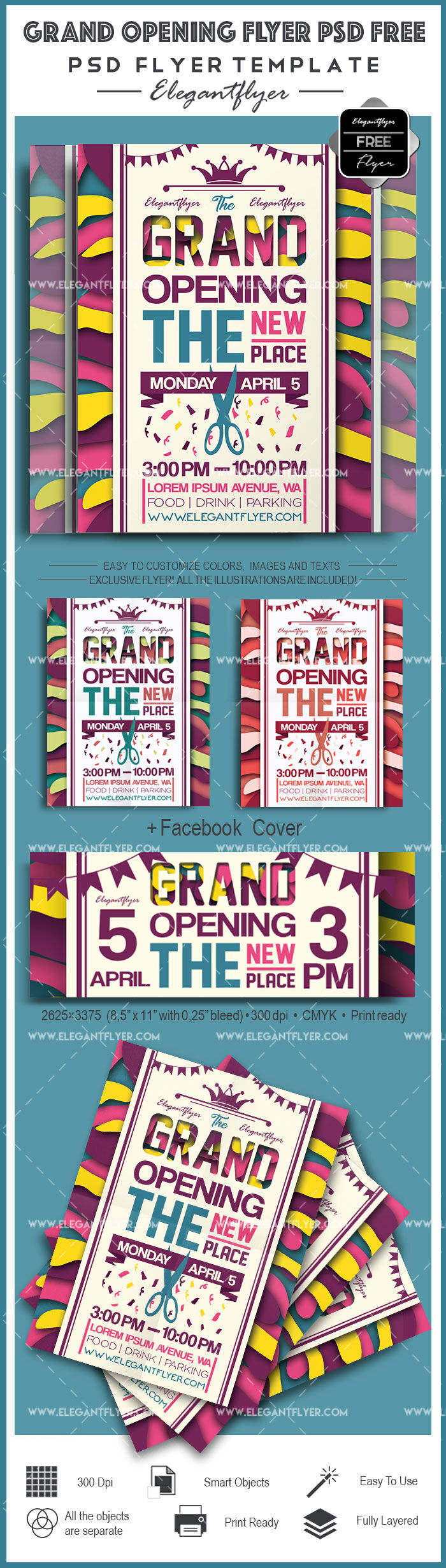 Colorful Grand Opening Flyer Template and Facebook Cover FREE PSD