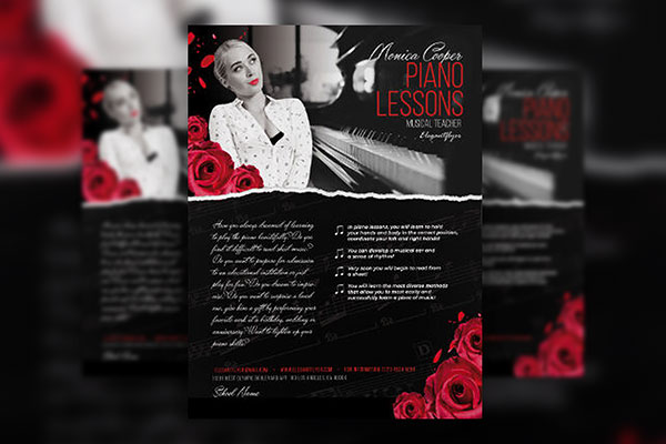 Floral Elegant Black Piano Lessons Flyer Template FREE PSD