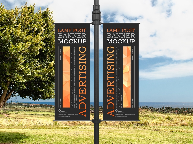 Front View Advertising Lamp Post Banner Mockup FREE PSD