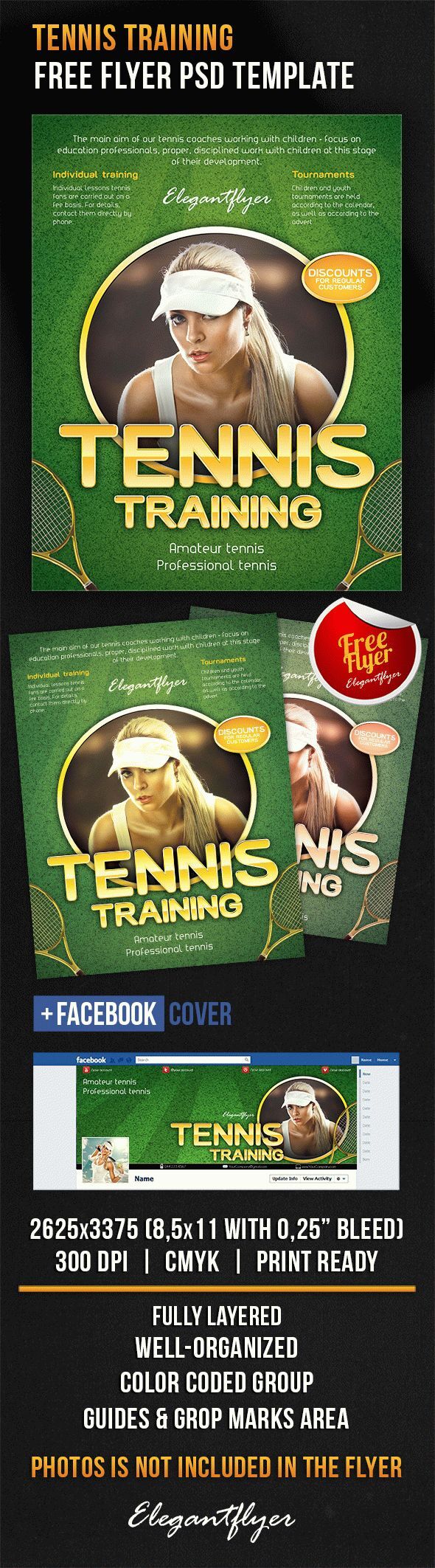 Green, Golden, Modern Tennis Training Center Flyer and Facebook Cover Templates FREE PSD