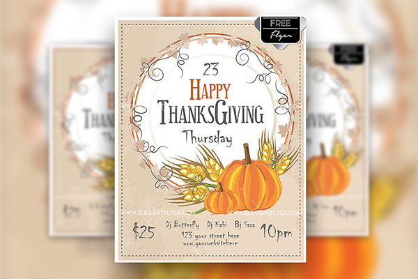 Illustrated Thanksgiving Day Flyer and Facebook Cover Template FREE PSD