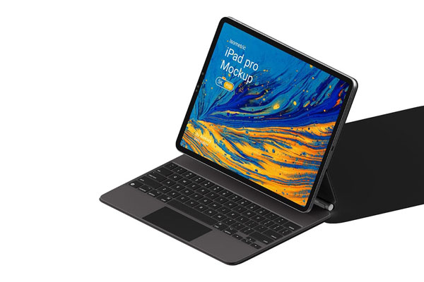 Isometric iPad Pro on a Stand with Keyboard Mockup FREE PSD