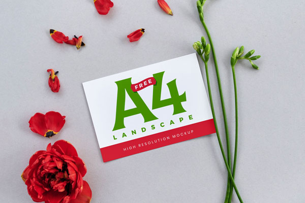 Landscape A4 Flyer Mockup with a Flower and Petals FREE PSD
