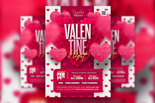 Pink Heart Valentine's Night Flyer Template FREE PSD