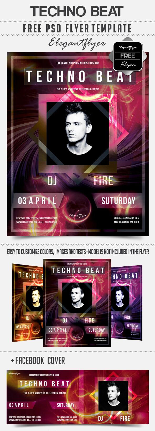 Pink, Purple, Futuristic Techno Party Flyer Along with Facebook Cover Templates FREE PSD