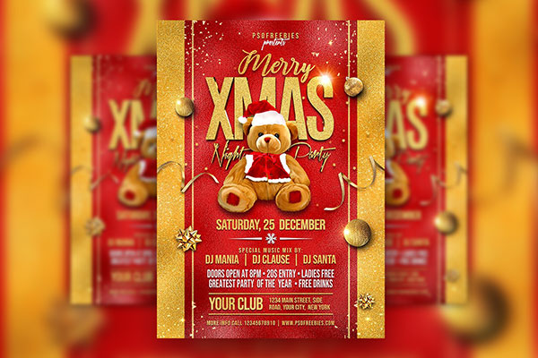 Red and Gold Ornamental Christmas Party Flyer Template FREE PSD
