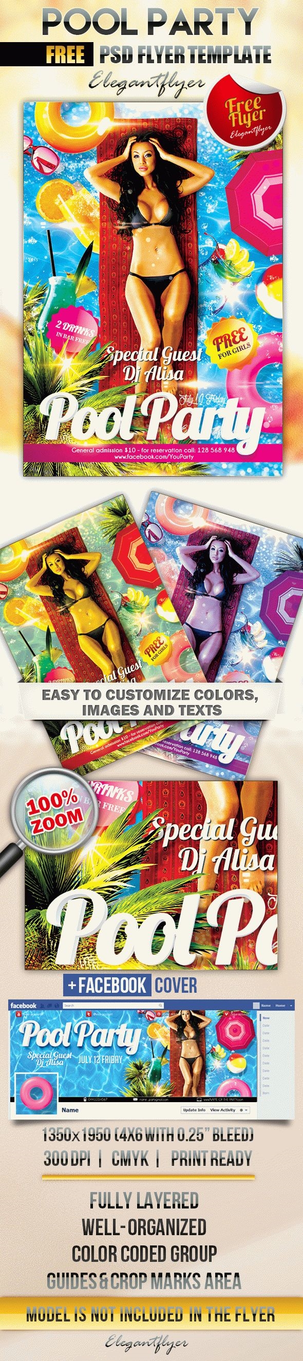 Tropical Sparkle Pool Party Flyer Template and Facebook Cover FREE PSD