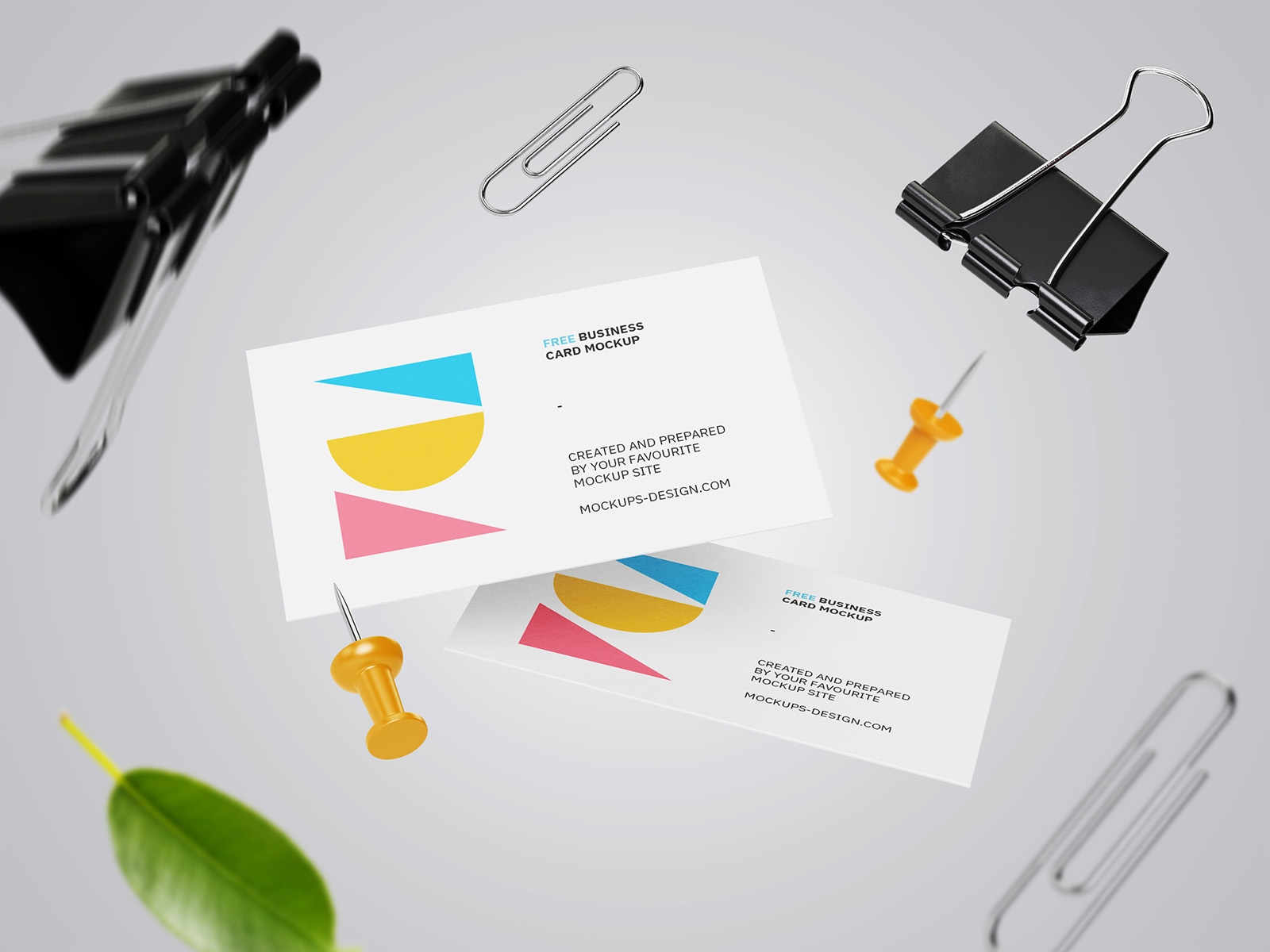 Two Falling Business Card Mockups with Floating Paper Clips FREE PSD