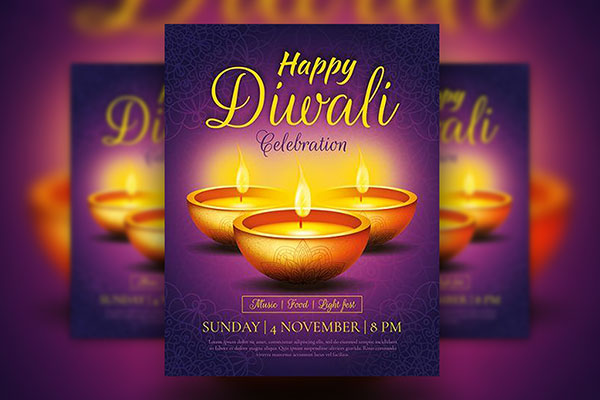 Yellow and Purple Diwali Flyer and Facebook Cover Templates FREE PSD