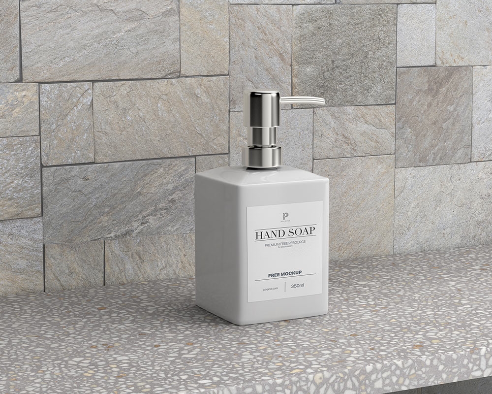 3/4 View of a Liquid Soap Dispenser on Ceramic Surfaces Mockup FREE PSD