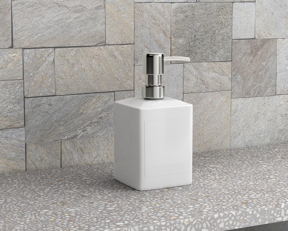 3/4 View of a Liquid Soap Dispenser on Ceramic Surfaces Mockup FREE PSD