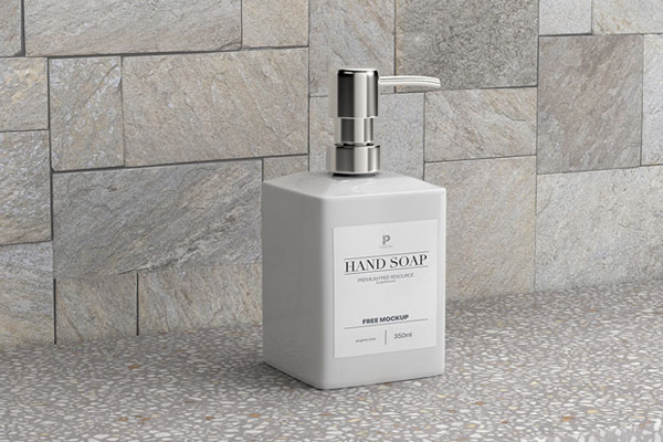 3/4 View of a Liquid Soap Dispenser on Ceramic Surfaces Mockup FREE PSD