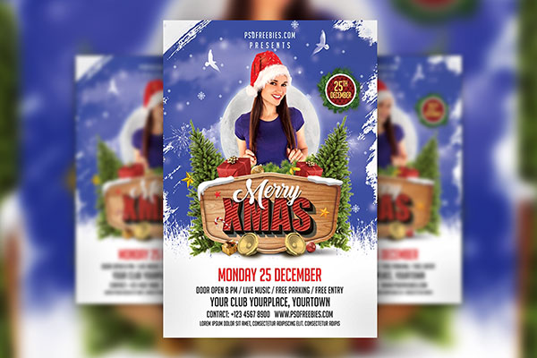 Blue and White Merry Christmas Party Flyer Template FREE PSD