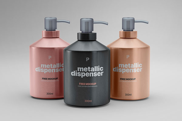 Front View of Three Metallic Pump Dispenser Bottles Mockup FREE PSD