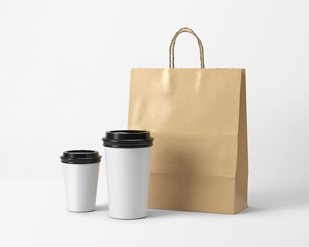 Front View of Two Coffee Cups and a Paper Bag Mockup FREE PSD