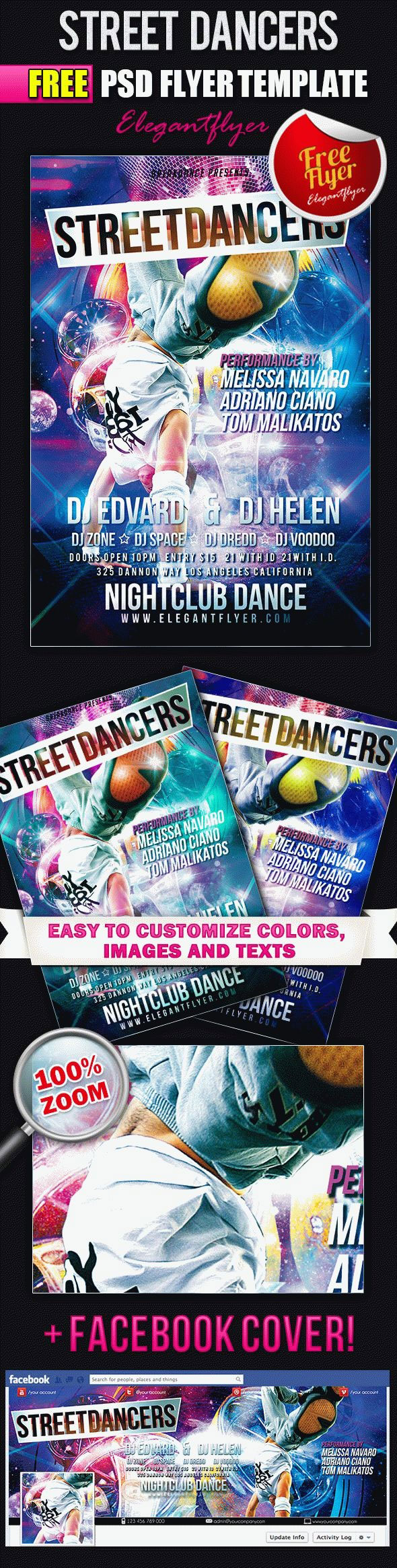 Futuristic Sparkly Street Dancers Flyer Template with a Facebook Cover FREE PSD