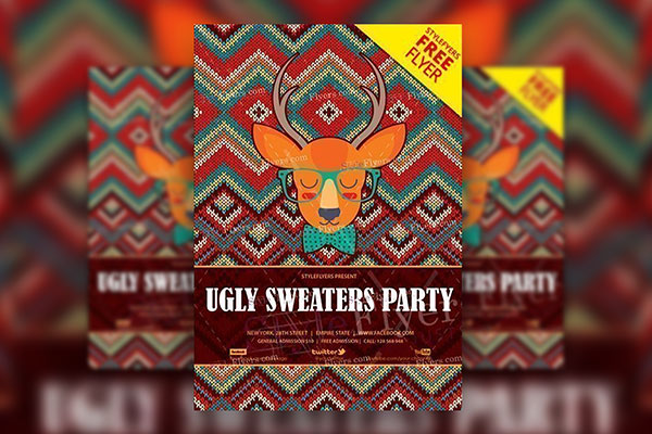Hippie Retro Ugly Christmas Sweaters Party Flyer Template FREE PSD