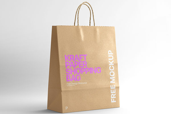 Kraft Paper Shopping Bag Placed in Plain Scene in Half-side View Mockup