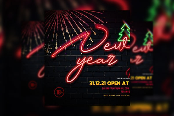 Modern Festive Neon New Year Party Flyer Template FREE PSD