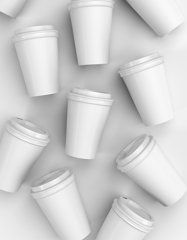 Multiple Coffee Cups Branding Mockup from an Aerial View FREE PSD