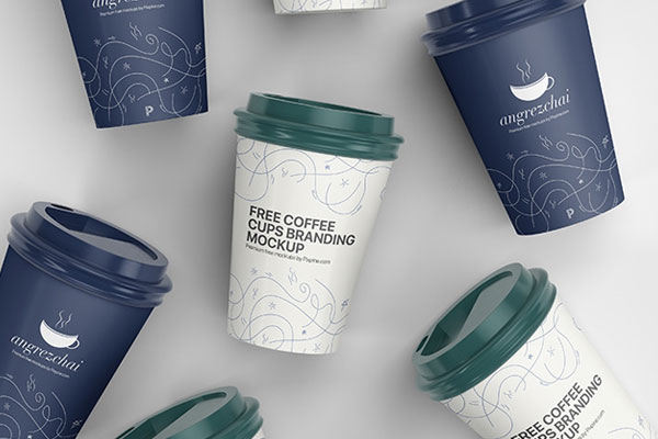 Multiple Coffee Cups Branding Mockup from an Aerial View FREE PSD