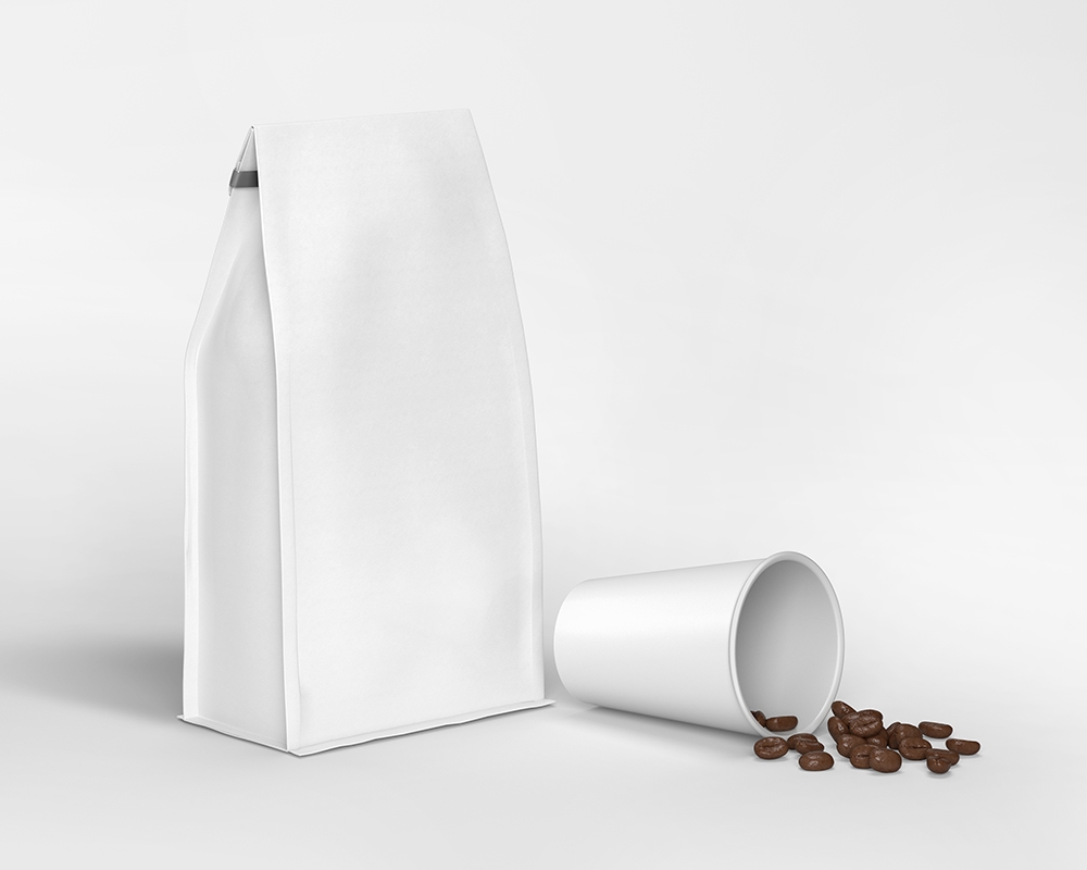 Paper Coffee Bag Mockup with Lying Coffee Cup FREE PSD