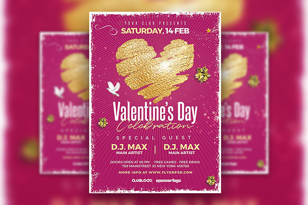 Pink and Gold Valentine's Day Celebration Party Flyer Template FREE PSD