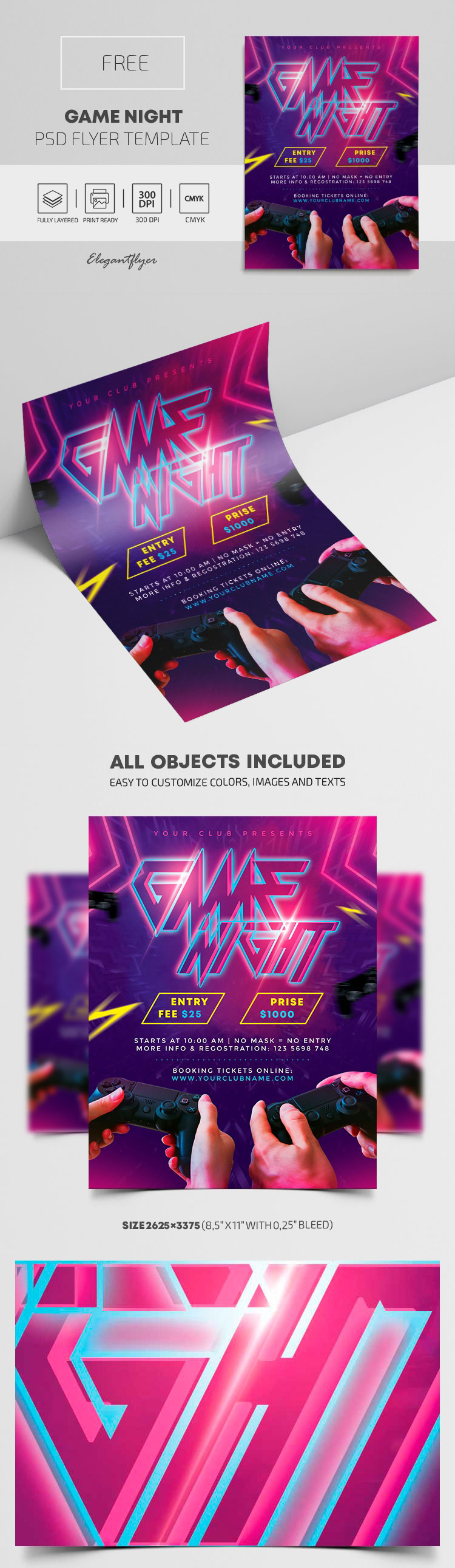 Purple, Neon Game Night Flyer Template FREE PSD