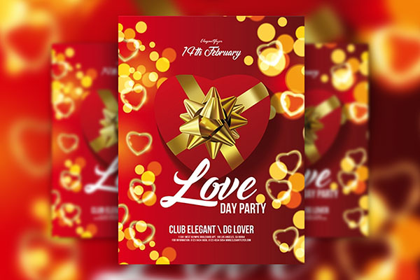 Red and Gold Gift Valentine's Day Party Flyer Template FREE PSD