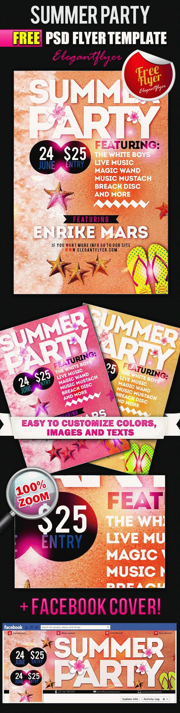 Retro Summer Party Flyer and Facebook Cover Template FREE PSD