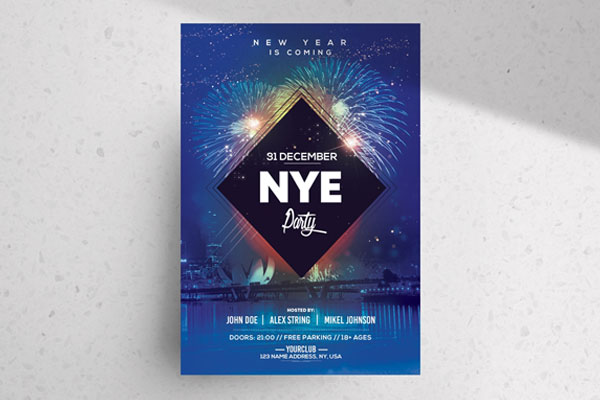 Sparkly Fireworks New Year Party Flyer Template Free Download