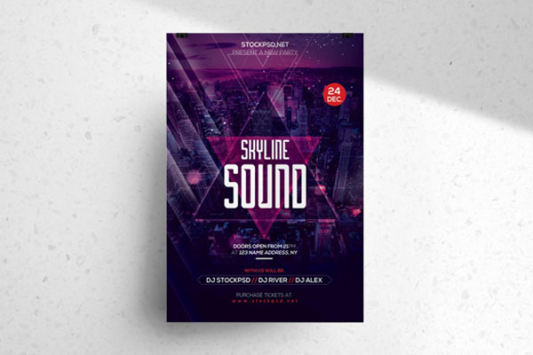 Sparkly Purple Skyline Sound DJ Flyer Templates FREE PSD
