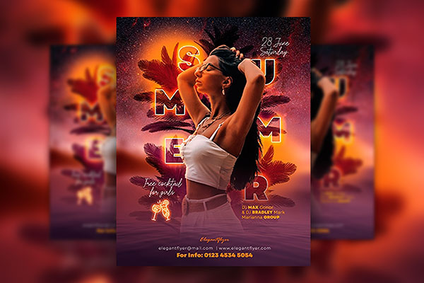 Sunset Glittery Summer Party Flyer Template FREE PSD