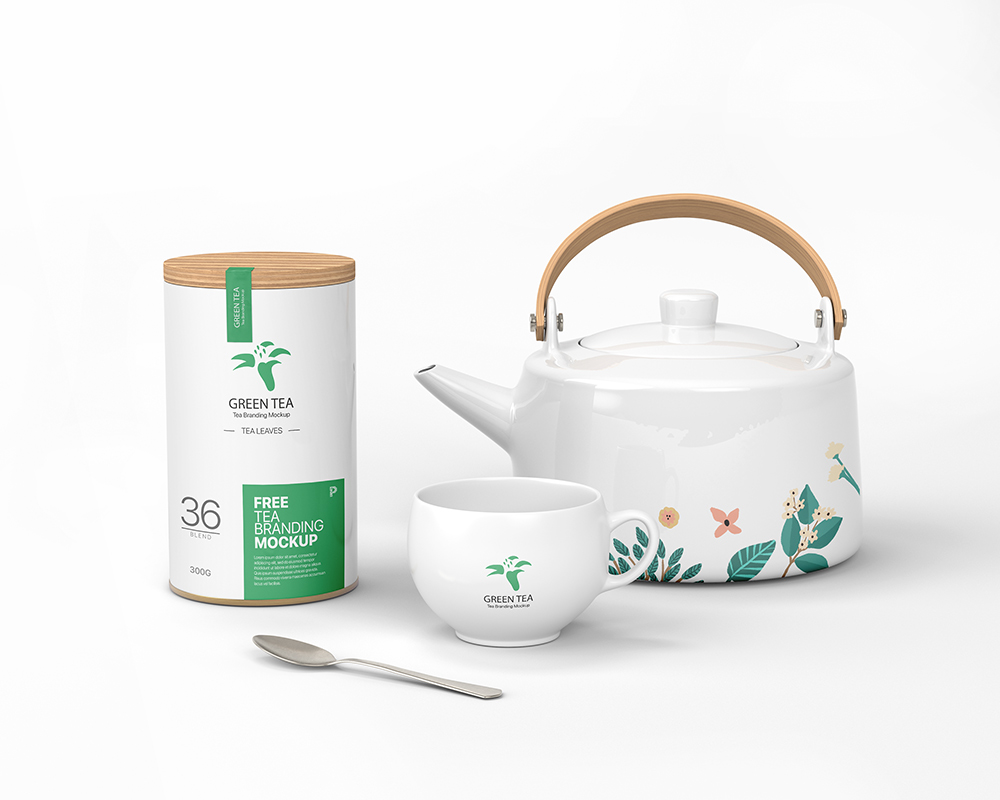 Trendy Green Tea Branding Mockup Featuring Teapot, Cup, and Jar Free ...