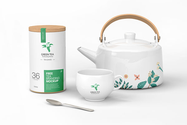 Trendy Green Tea Branding Mockup Featuring Teapot, Cup, and Jar FREE PSD