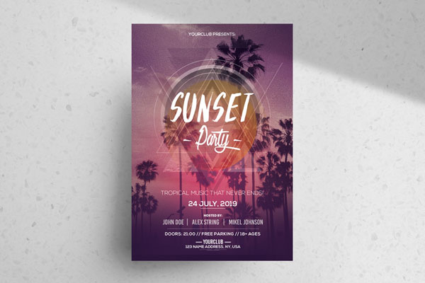 Tropical, Geometric Sunset Party Flyer Template FREE PSD