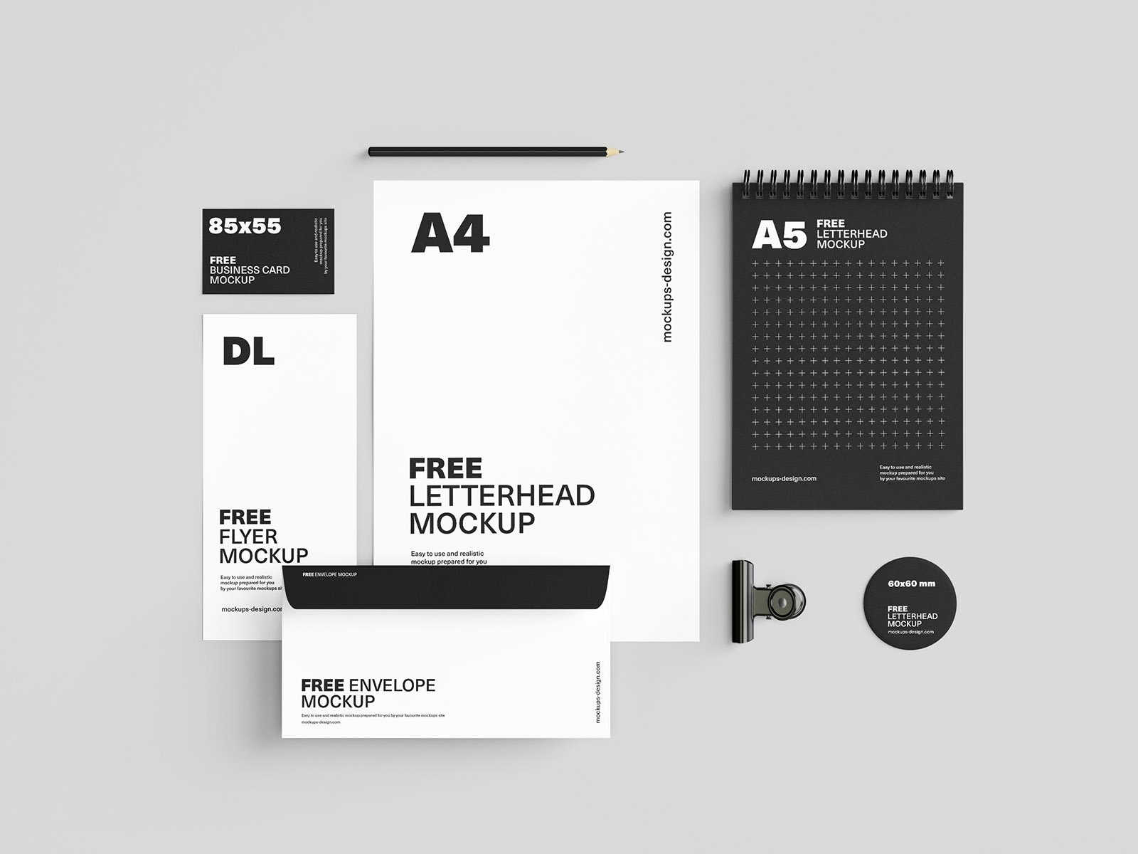 5 Mockups of Modern Stationery Materials Set FREE PSD