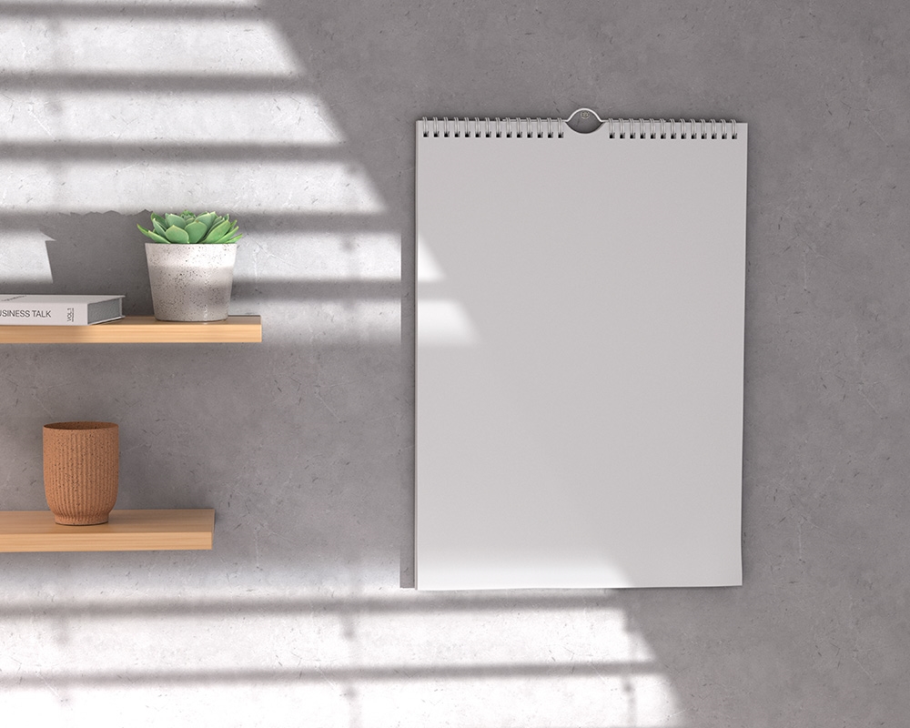 A3 Calendar Hung on the Wall Mockup Featuring Wooden Shelves and Plant Pots FREE PSD
