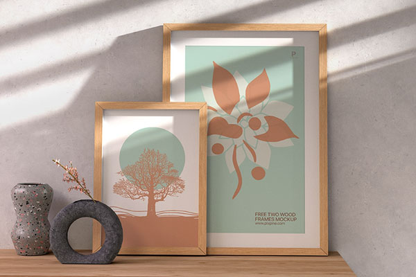 Front View of 2 Trendy Wood Frames Mockup in Sunbeam FREE PSD